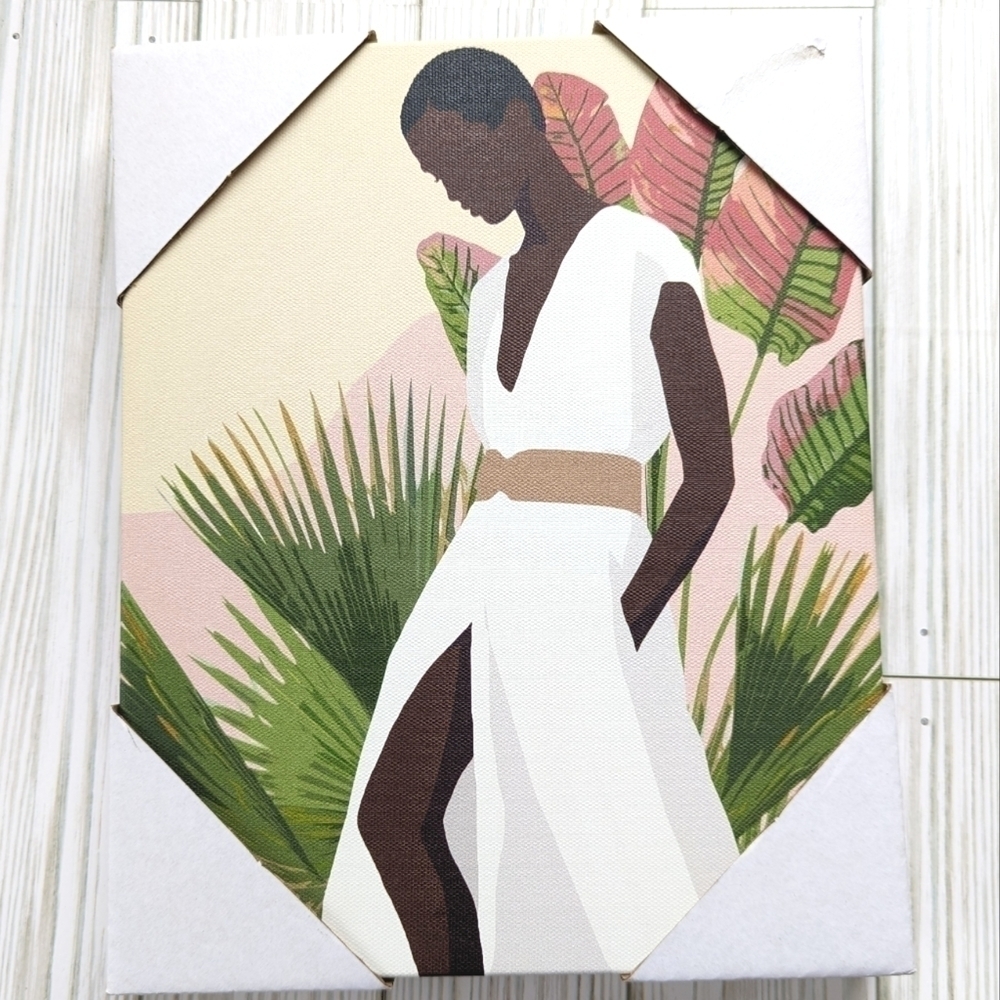 Modern Woman in a White Dress & Palm Leaves Canvas Wall Decor 10 x 8 NWT